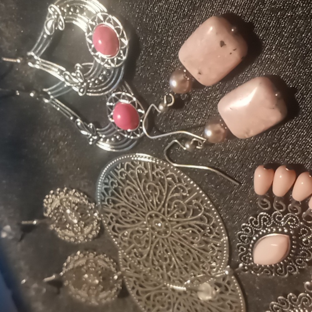 Silver & pink tone earrings natural & faux stone all dangling.